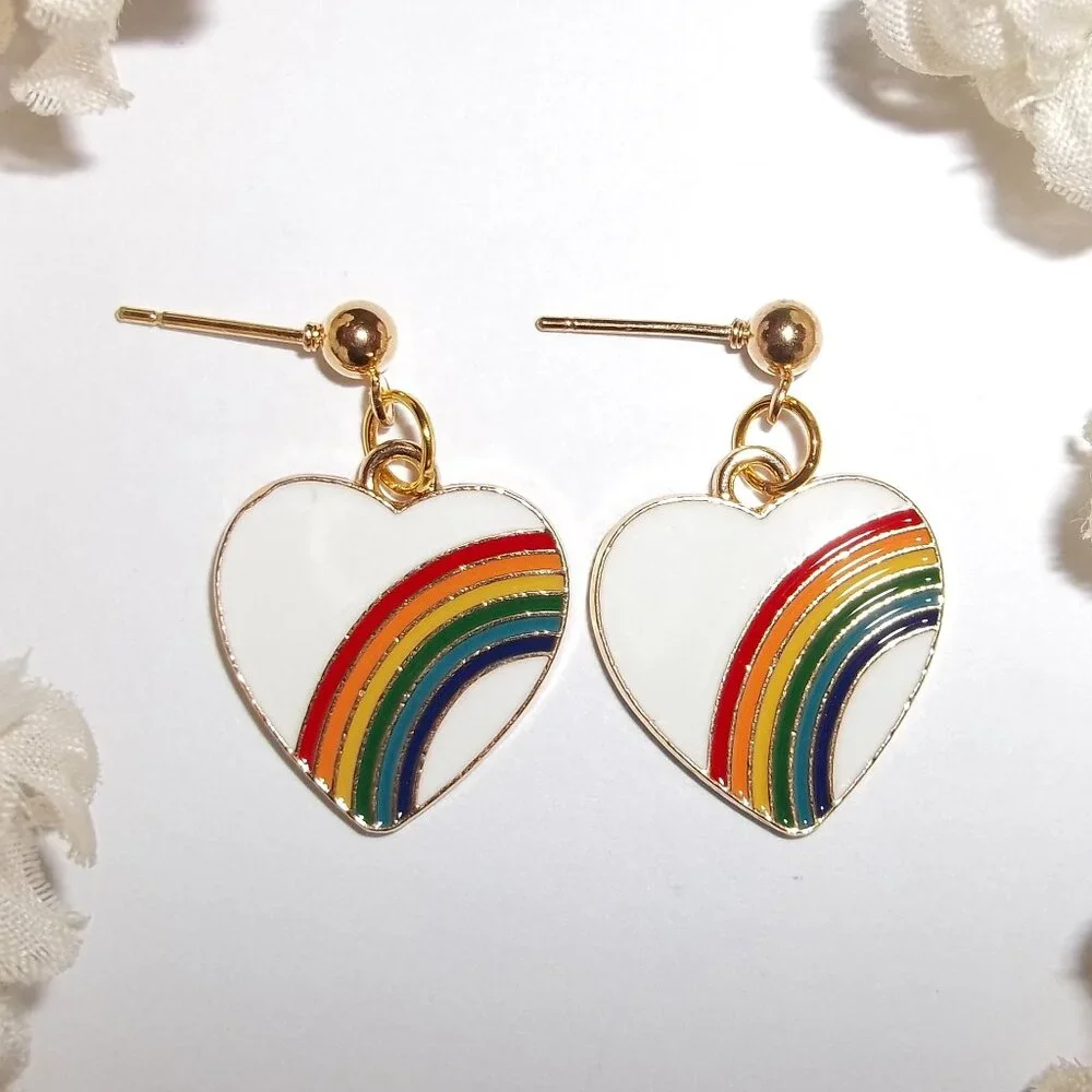 Rainbow Earring White Heart Gold Post Costume Jewelry Set Pair Dangle Pride C884 - Picture 1 of 6